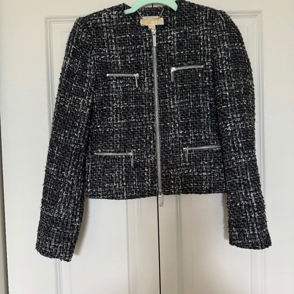 Michael Kors Black/WhiteTweed Exposed Zipper Blazer Sz. 4
